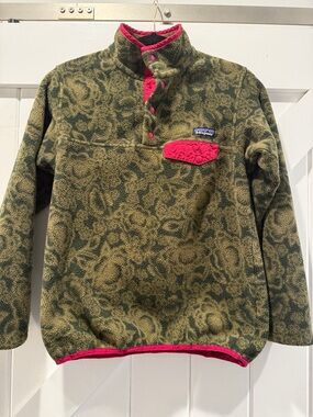 Patagonia Olive Green Patterned Fleece Pullover with Pink Trim